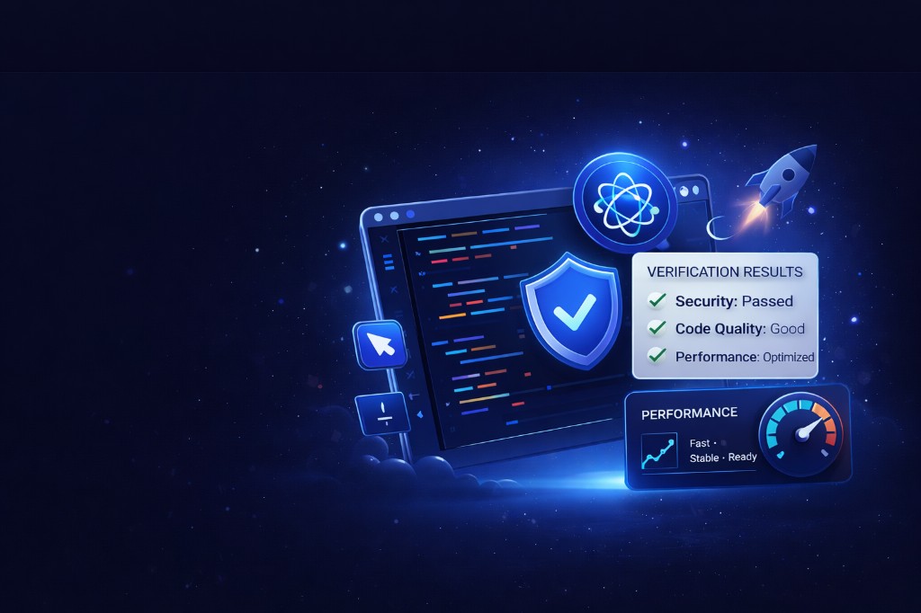 AI application verification dashboard showing security, code quality, and performance checks