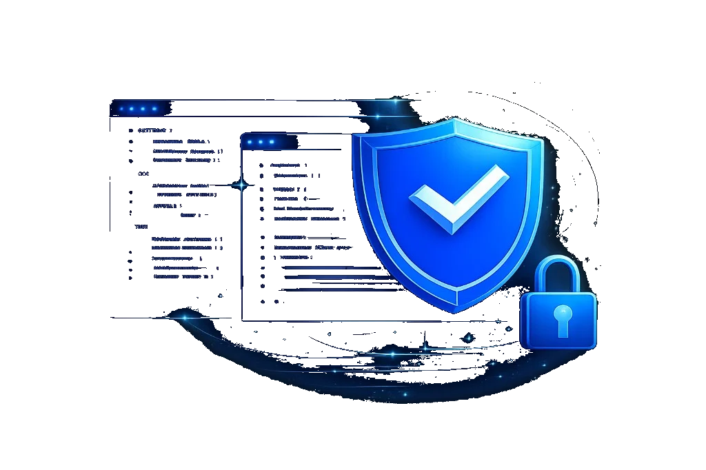 Stylized illustration of secure software review: a glowing shield with a checkmark overlapping code windows and a padlock on a dark background with blue light trails.